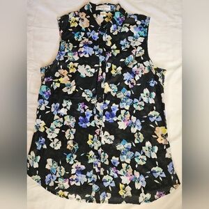 Coldwater Creek Womens Black Floral Lightweight Sleeveless Button Up Top Size XS